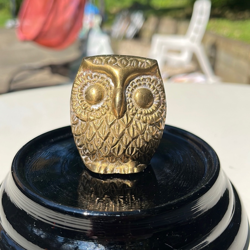 1970's Brass Owl Paperweight with some Patina 2" Tall Felt Bottom India